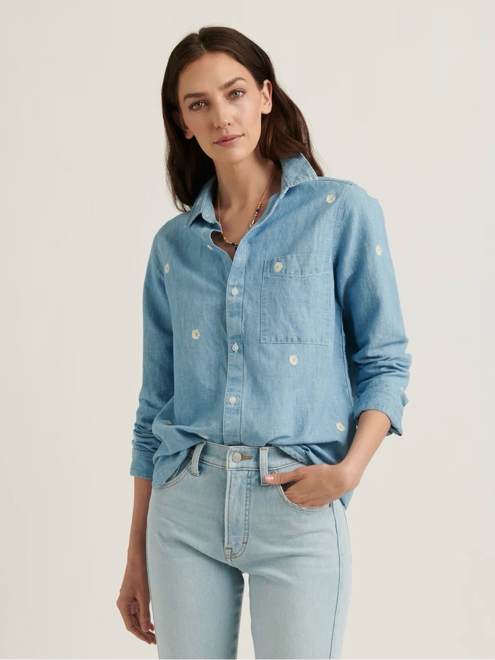 Lucky Brand Light Blue Daisy-Embroidered Button-Down Shirt